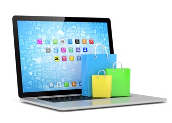laptop and  shopping pags on white background. 3d rendering.