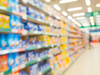 Blurred colorful supermarket products on shelves