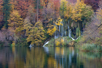 Waterfall in deep forest of Croatia. Plitvice Lakes National Park.