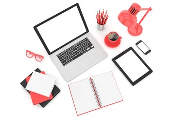 Responsive mockup screens. Laptop, tablet, phone on table. 3d rendering.