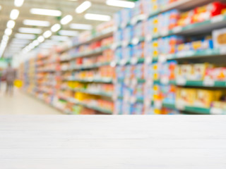 Blurred colorful supermarket products on shelves