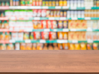 Naklejka na ściany i meble Blurred colorful supermarket products on shelves