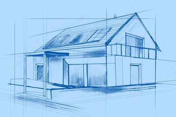 Dom na niebieskim tle. Projekt domu wykonany przez architekta. - obrazy, fototapety, plakaty
