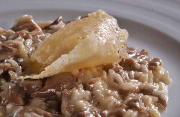 Risotto con hongos y queso parmesano frito.