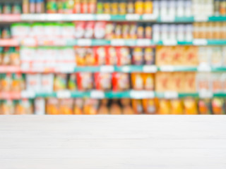 Blurred colorful supermarket products on shelves