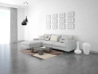 Modern living room with a fashionable corner sofa and empty frames.