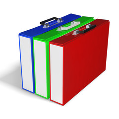 printing concept, slim briefcases red, green, blue