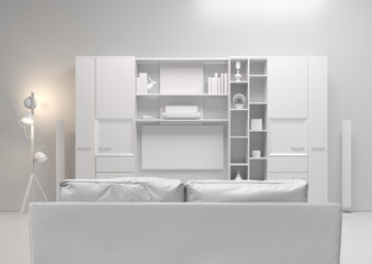 Contemporary style, home audio system with TV and shelves in the living room .Sofa and Wood...