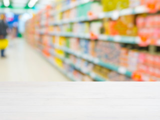Blurred colorful supermarket products on shelves
