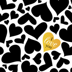 Vector black and white hearts card with one golden heart. Perfect for Valentine's day. Square shape.