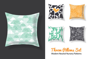 Set Of Throw Pillows With Matching Unique Neutral Nursery Repeat Patterns Prints Featuring Hearts, Houses, Stars, Trees . Square Shape. Editable Vector Template.