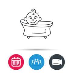 Baby in bath icon. Toddler bathing sign. Newborn washing symbol. Group of people, video cam and calendar icons. Vector