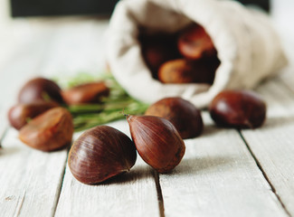 Fresh chestnuts in  in sack bag