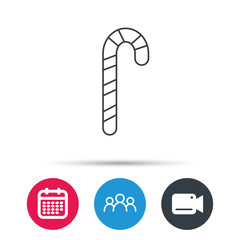 Candy cane icon. Sugar lollipop sign. Sweet lolly pop symbol. Group of people, video cam and calendar icons. Vector