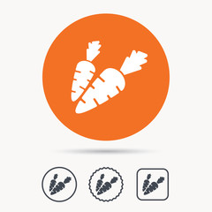 Carrot icon. Fresh natural vegetable symbol. Vegetarian food. Orange circle button with web icon. Star and square design. Vector