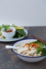 Pho ga- Vietnamese chicken noodle soup with crispy fried shallots and fresh herbs 