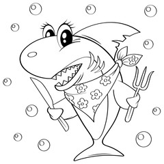 Obraz premium Cute cartoon shark with fork and knife. Black and white vector illustration for coloring book 