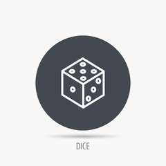 Dice icon. Casino gaming tool sign. Winner bet symbol. Round web button with flat icon. Vector