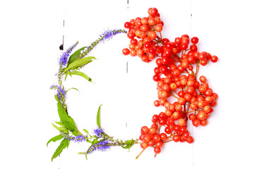 Fototapeta premium Autumn wreath arrangement of berries and flowers on white wooden background view from above