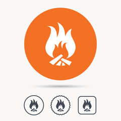 Fire icon. Blazing bonfire flame symbol. Orange circle button with web icon. Star and square design. Vector