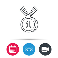 Gold medal award icon. First place sign. Winner symbol. Group of people, video cam and calendar icons. Vector