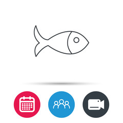Fish icon. Seafood sign. Vegetarian food symbol. Group of people, video cam and calendar icons. Vector