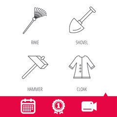 Achievement and video cam signs. Shovel, hammer and cloak icons. Rake linear sign. Calendar icon. Vector