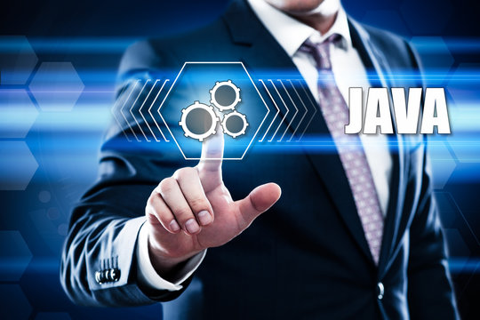 business, technology, internet concept on hexagons and transparent honeycomb background. Businessman pressing java on virtual screen