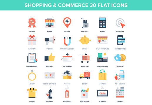 30 Colorful Shopping and Commerce Icons