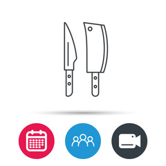 Butcher and kitchen knives icon. Chef tools symbol. Group of people, video cam and calendar icons. Vector