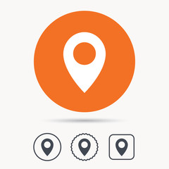 Location icon. Map pointer symbol. Orange circle button with web icon. Star and square design. Vector