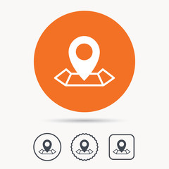 Location icon. Map pointer symbol. Orange circle button with web icon. Star and square design. Vector