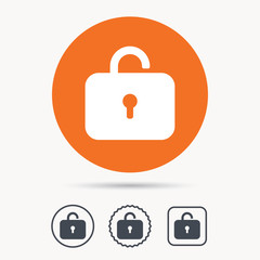 Lock icon. Privacy locker sign. Private access symbol. Orange circle button with web icon. Star and square design. Vector
