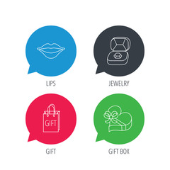 Colored speech bubbles. Gift box, lips kiss and wedding jewelry icons. Present linear sign. Flat web buttons with linear icons. Vector