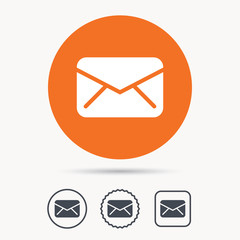 Envelope icon. Send email message sign. Internet mailing symbol. Orange circle button with web icon. Star and square design. Vector