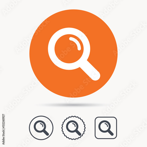 "Magnifier icon. Search magnifying glass symbol. Orange circle button