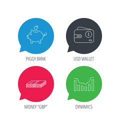 Colored speech bubbles. Piggy bank, cash money and dynamics chart icons. USD wallet linear sign. Flat web buttons with linear icons. Vector