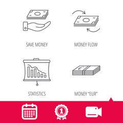 Achievement and video cam signs. Banking, cash money and statistics icons. Money flow, save money linear sign. Calendar icon. Vector