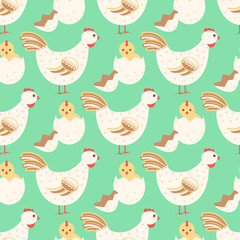 hen and baby chicken seamless pattern