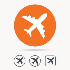 Plane icon. Flight transport symbol. Orange circle button with web icon. Star and square design. Vector