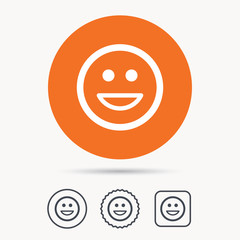 Happy smile icon. Smiley laugh emoticon symbol. Orange circle button with web icon. Star and square design. Vector