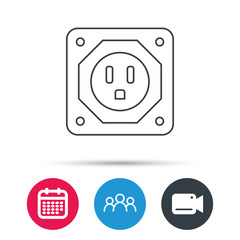 USA socket icon. Electricity power adapter sign. Group of people, video cam and calendar icons. Vector