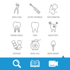 Tooth extraction, electric toothbrush icons. Dental implant, floss and dentinal tubules linear signs. Toothpaste icon. Video cam, book and magnifier search icons. Vector