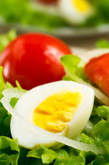 Boiled egg on a plate with lettuce, onions and cherry tomatoes