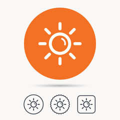 Sun icon. Sunny weather symbol. Orange circle button with web icon. Star and square design. Vector