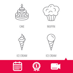 Achievement and video cam signs. Cake, ice cream and muffin icons. Sweets linear sign. Calendar icon. Vector