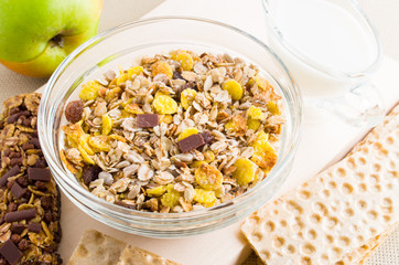 Top view of a muesli in glass bowl and dry bread