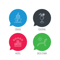 Colored speech bubbles. Cruise, waves and cocktail icons. Hotel, deck chair linear signs. Flat web buttons with linear icons. Vector