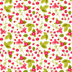 Seamless pattern with flowers and berries. Colorful illustration. Watercolor handpainted texture on white background for wallpaper, blogs, cover