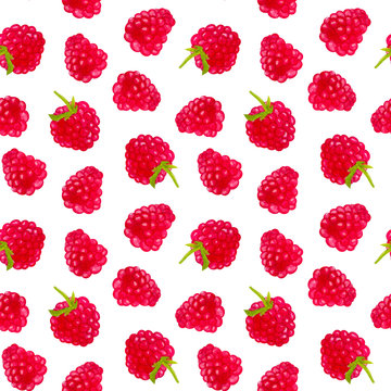 Seamless pattern with raspberries. Colorful illustration. Watercolor handpainted texture on white background for wallpaper, blogs,cover